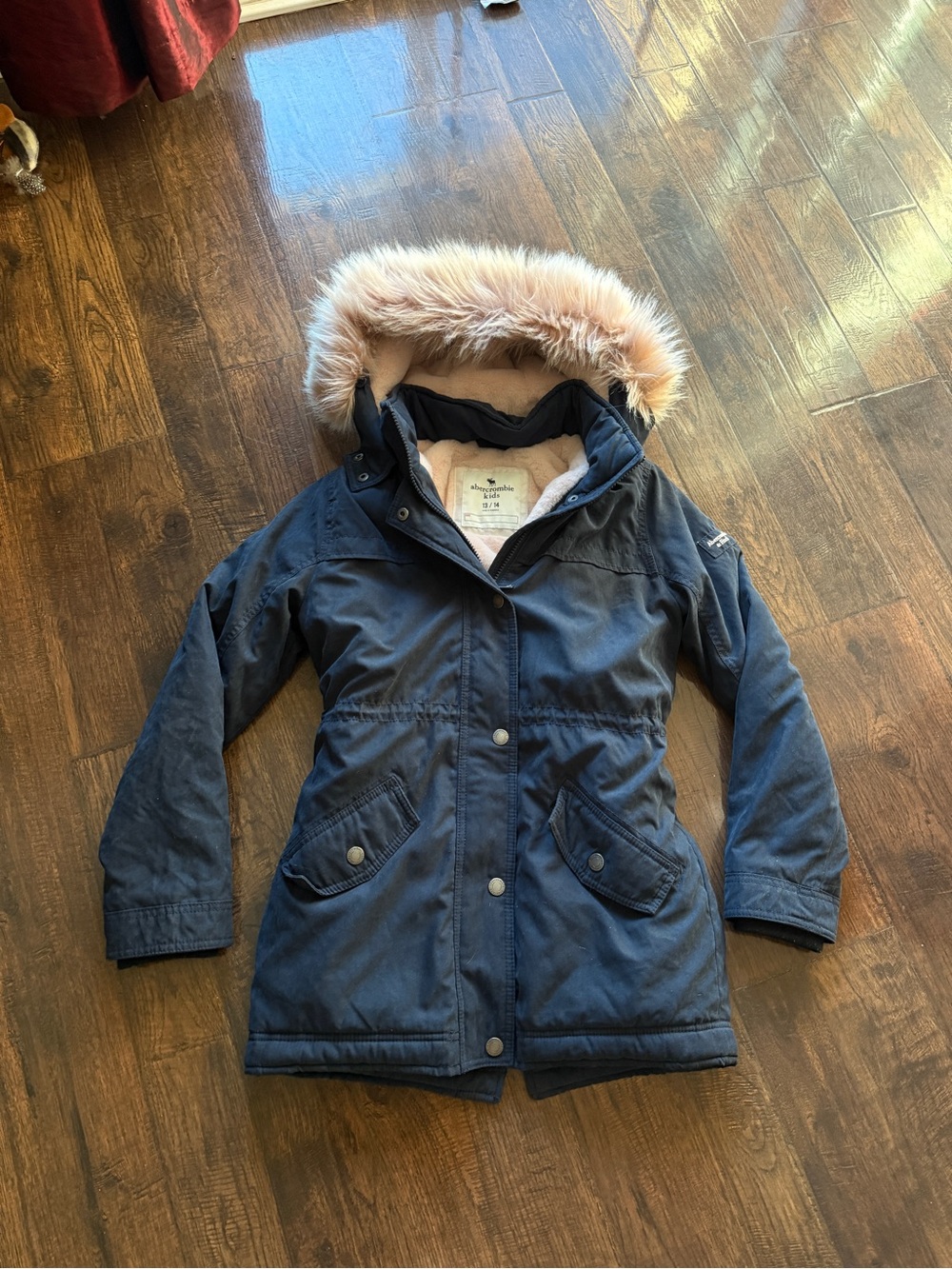 Abercrombie and Fitch Navy Blue Parka Coat with pink Faux Fur Hood